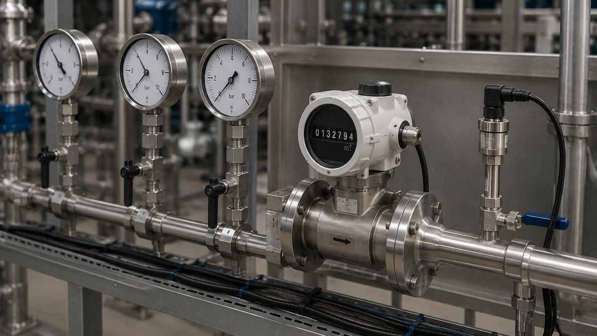 manometros em linha e contador volumetrico numa tubagem