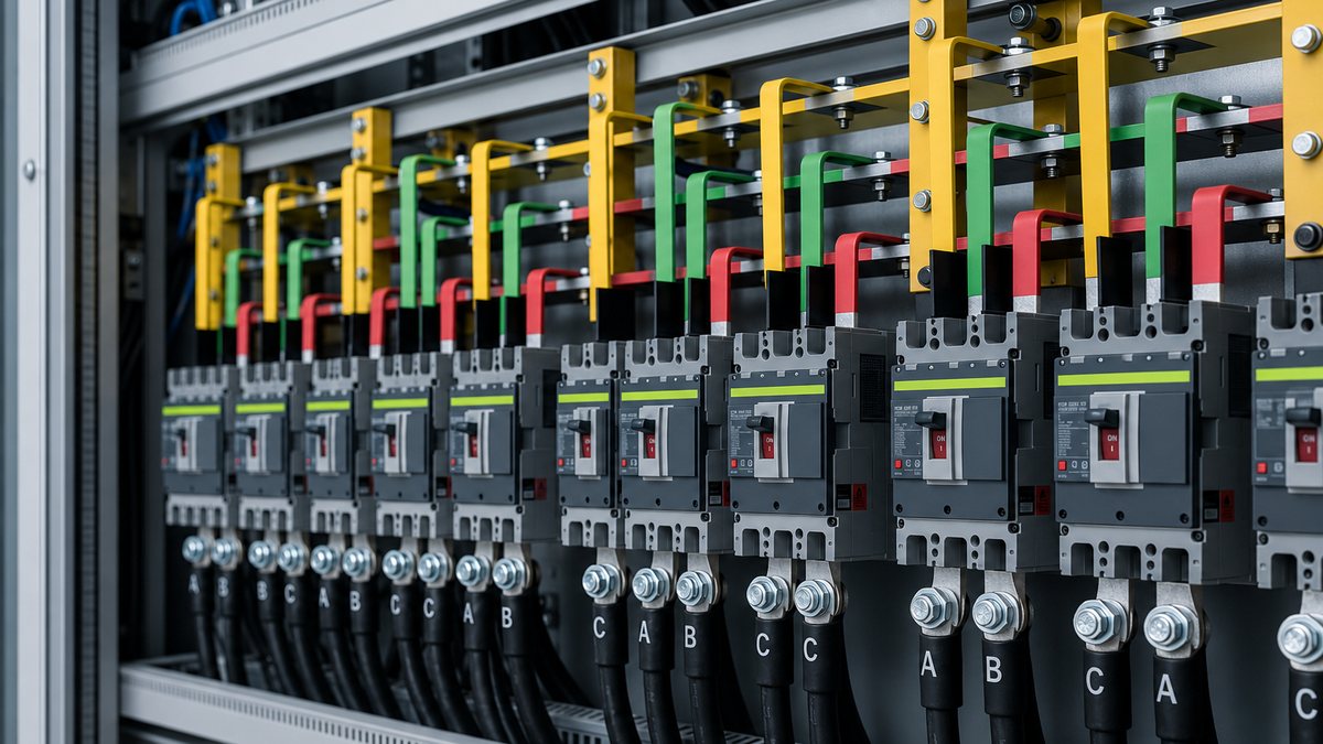 fila de disjuntores num quadro eletrico com as fases identificadas