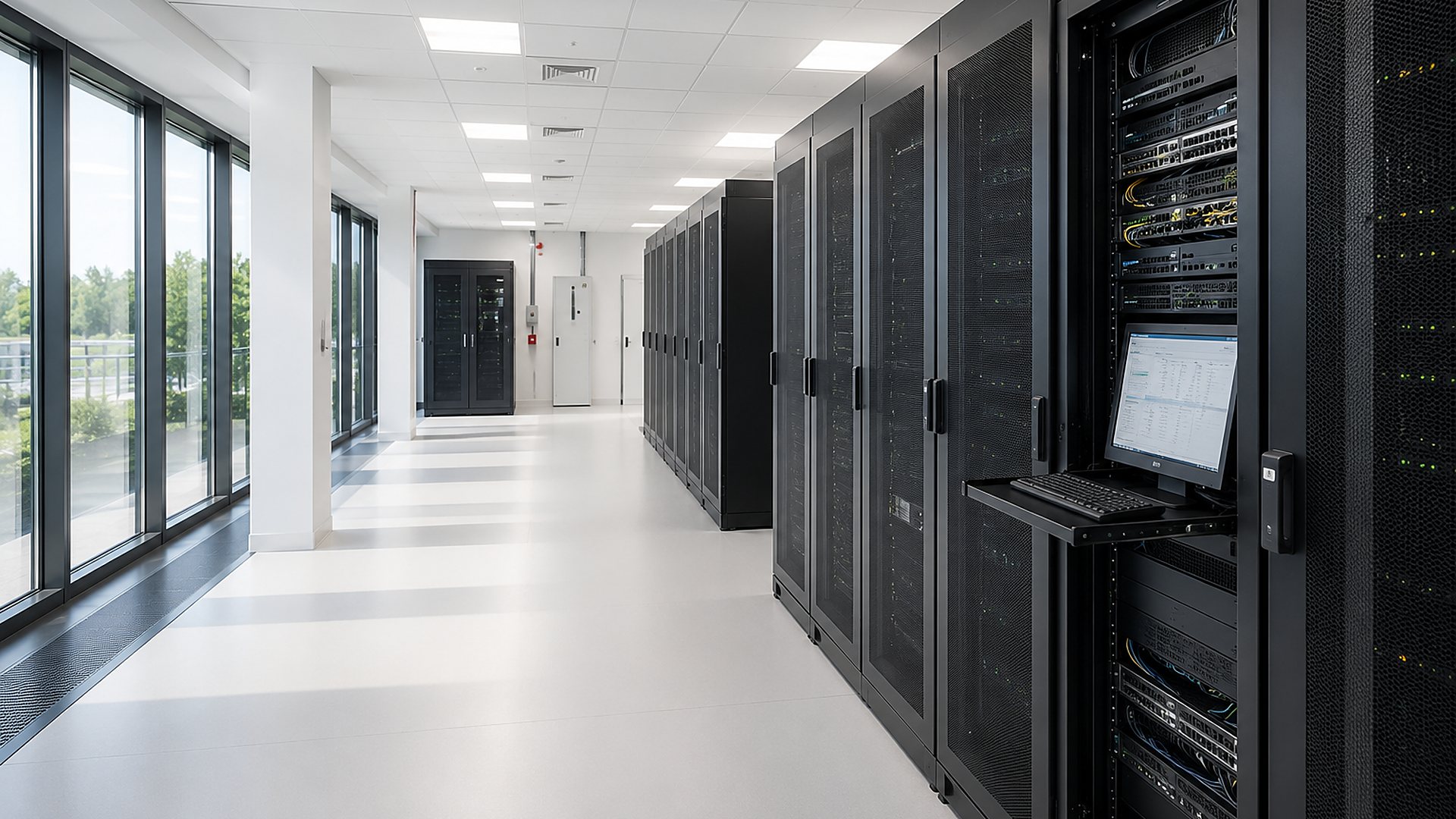 sala de equipamento informatico com bastidores e luz natural