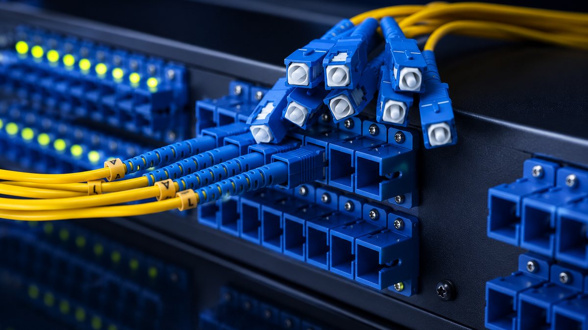 painel de fibra otica com conectores e cordoes de ligacao