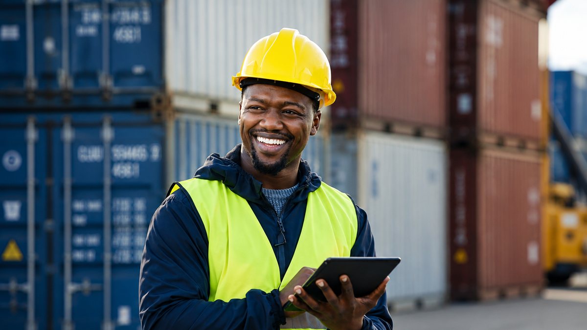 operador com tablet num terminal de contentores