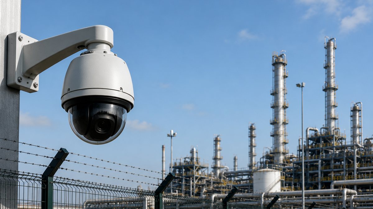 camara de videovigilancia montada em poste junto a vedacao