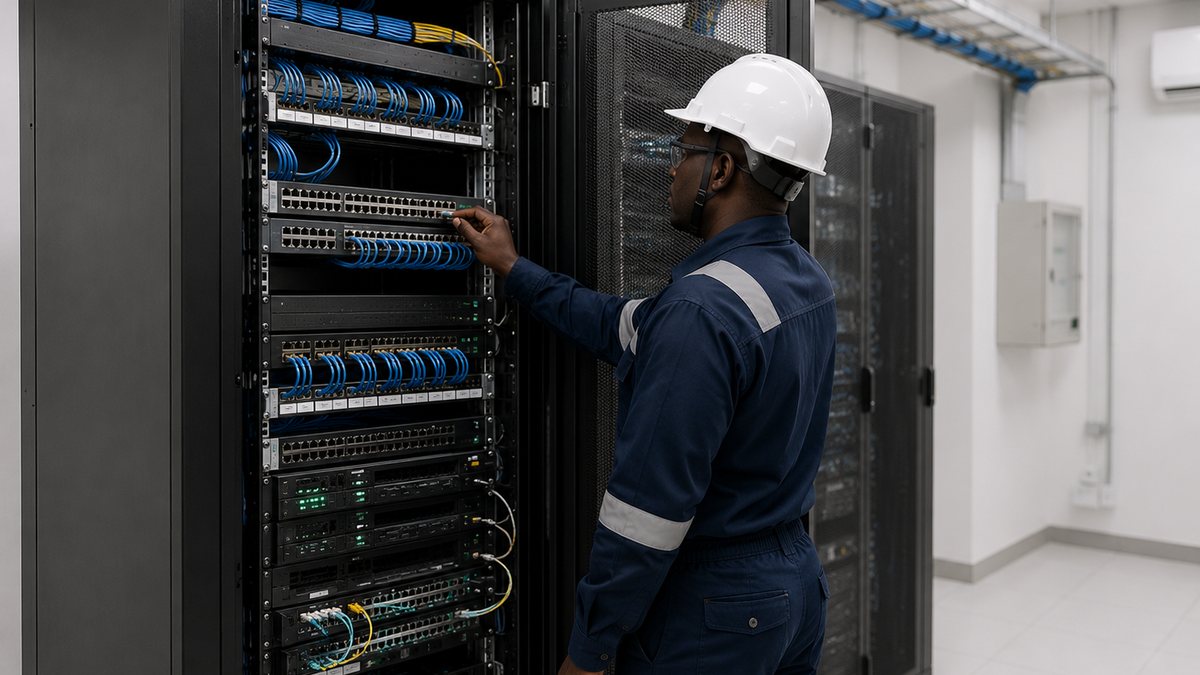 bastidor de comunicacoes com cablagem estruturada numa sala tecnica