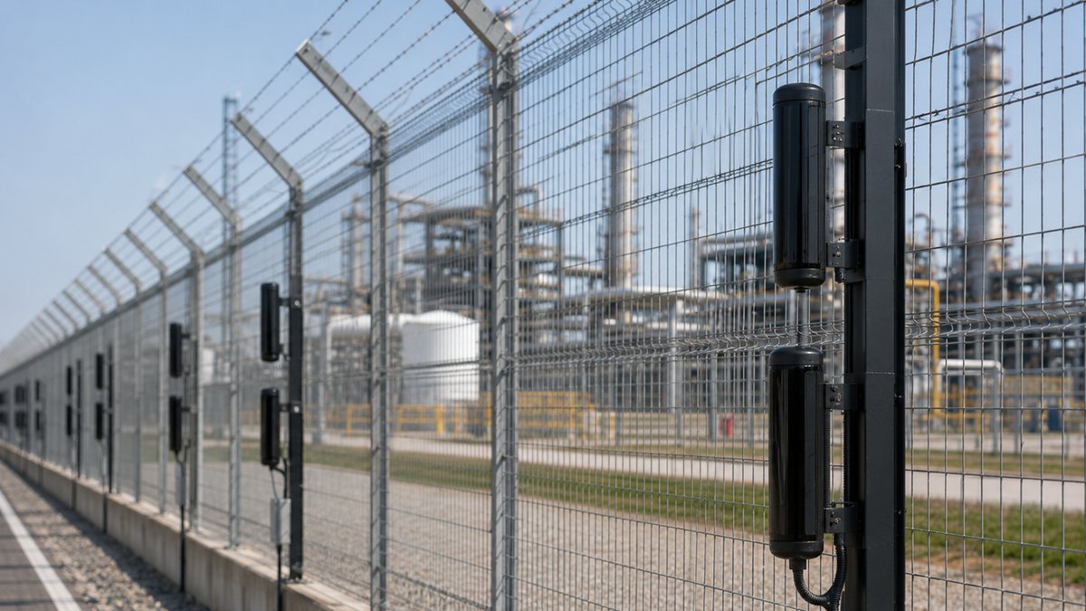 colunas de barreiras de infravermelhos instaladas ao longo da vedacao