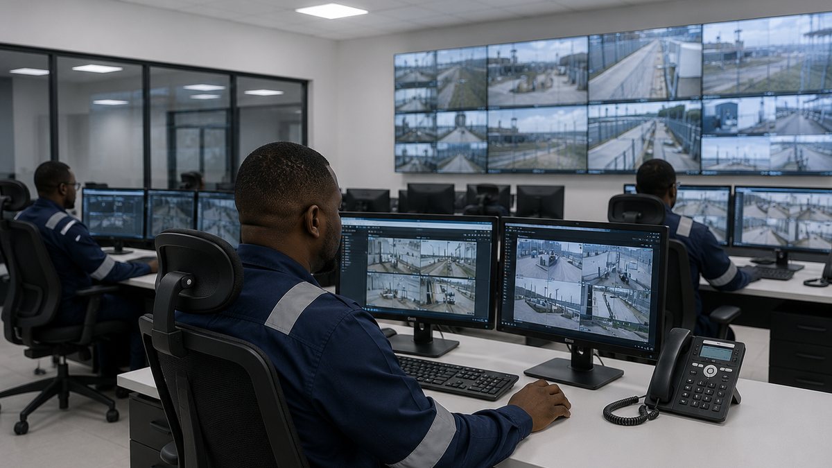 operadores numa sala de vigilancia com parede de monitores