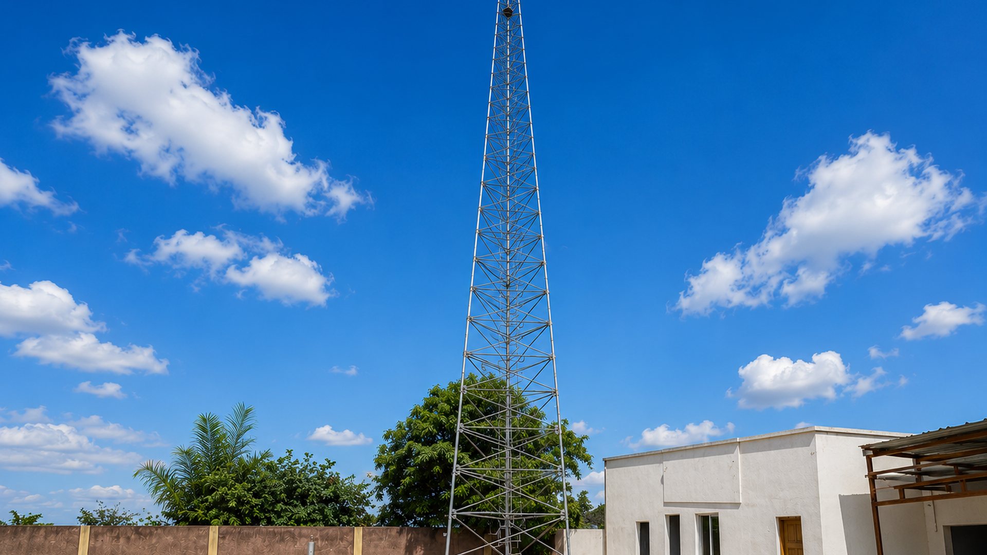 Torre de telecomunicacoes e edificio tecnico da estacao do Soyo