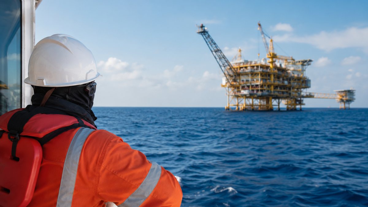 Tecnico a observar uma plataforma petrolifera ao largo