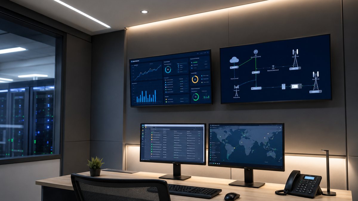 Sala de operacoes com ecras de monitorizacao de rede