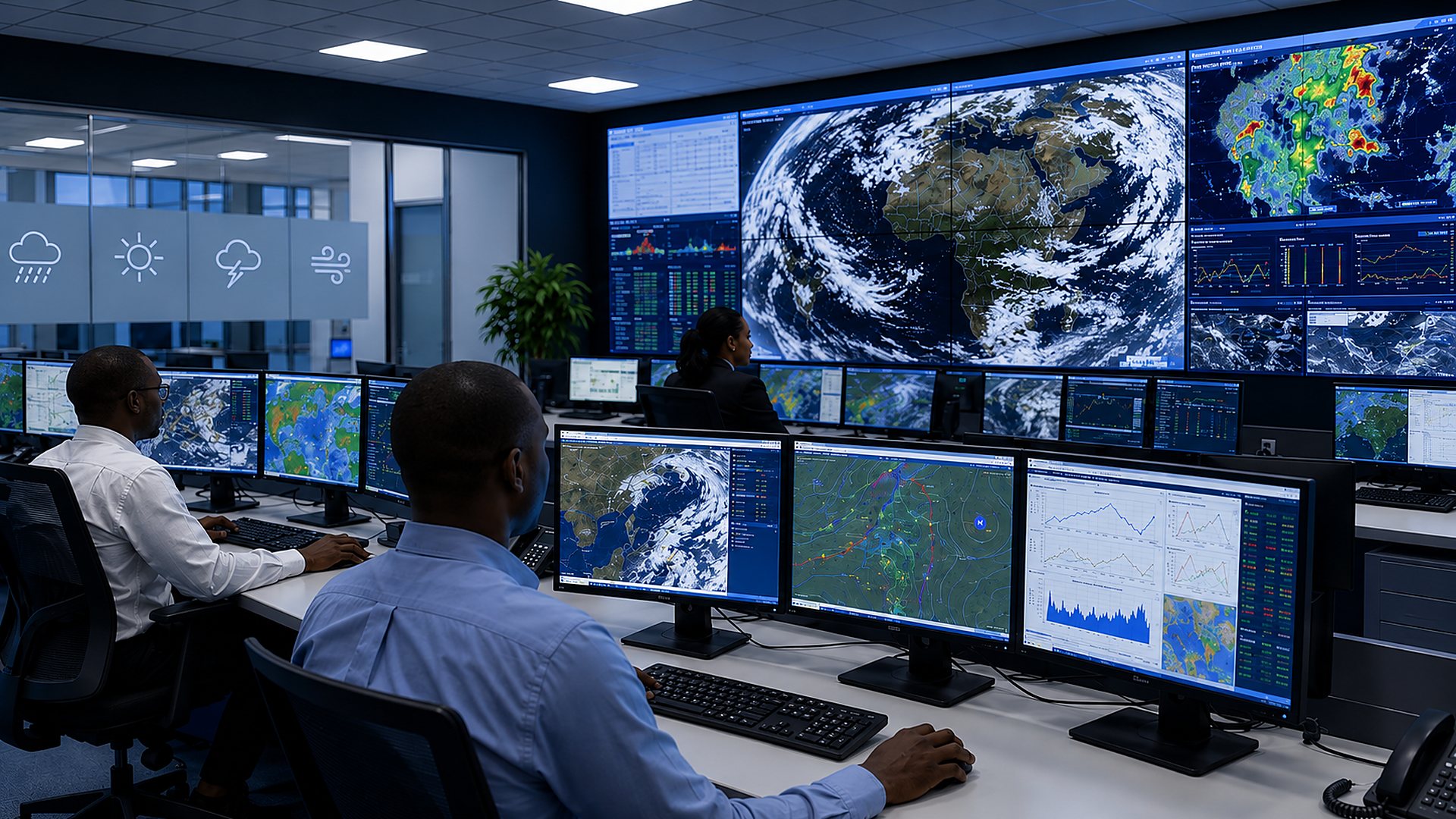 sala de previsao meteorologica com postos de trabalho e parede de monitores