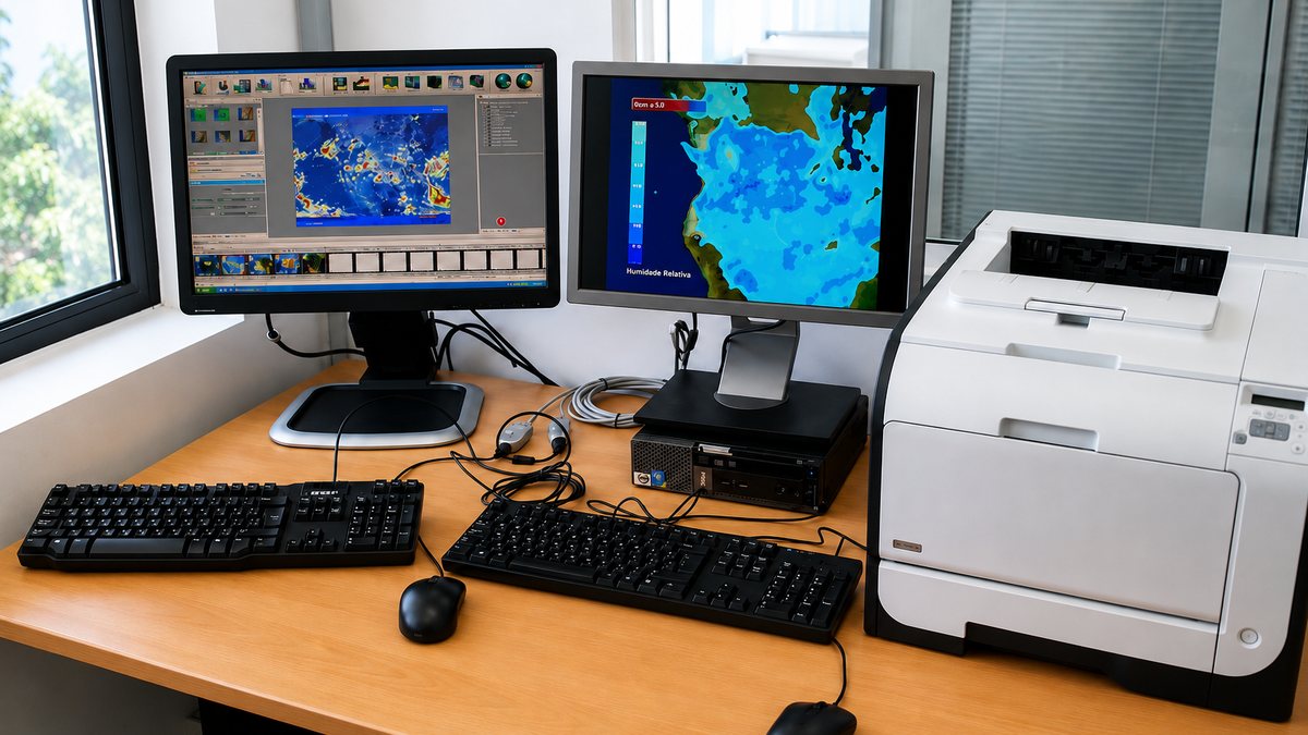 posto de trabalho com cartas meteorologicas em dois monitores
